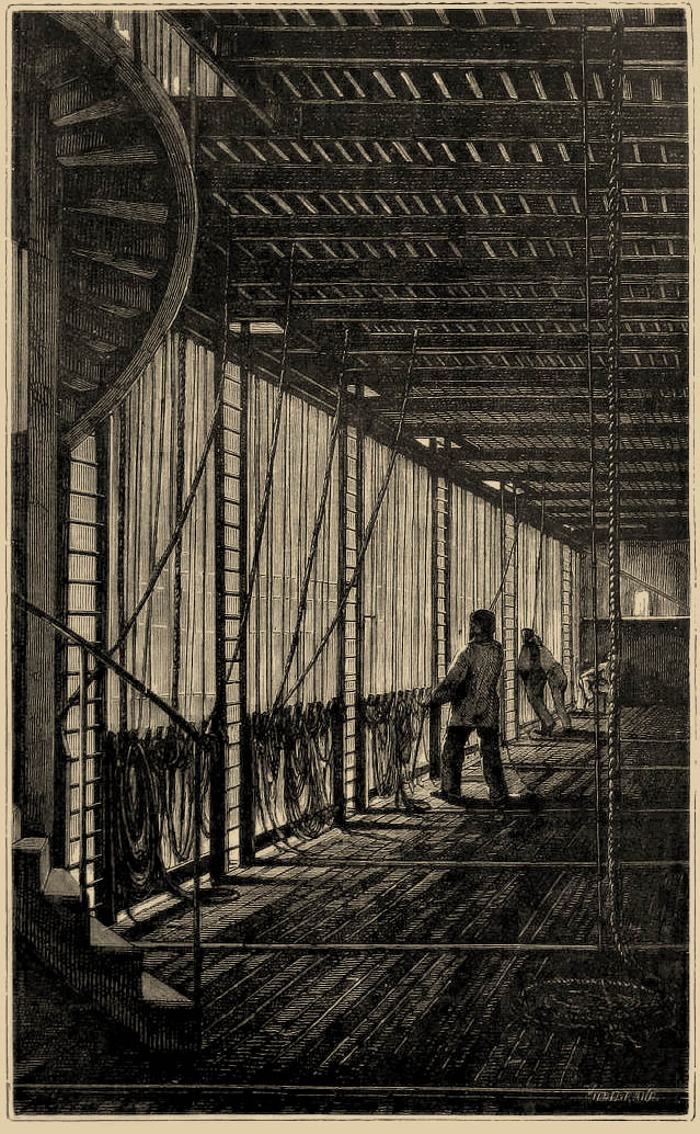 Galeria na pierwszej kondygnacji nadscenia Opery paryskiej podczas przedstawienia. Źródło: J. Moynet, „L'envers du théâtre. Machines et décorations”, Paris 1888.