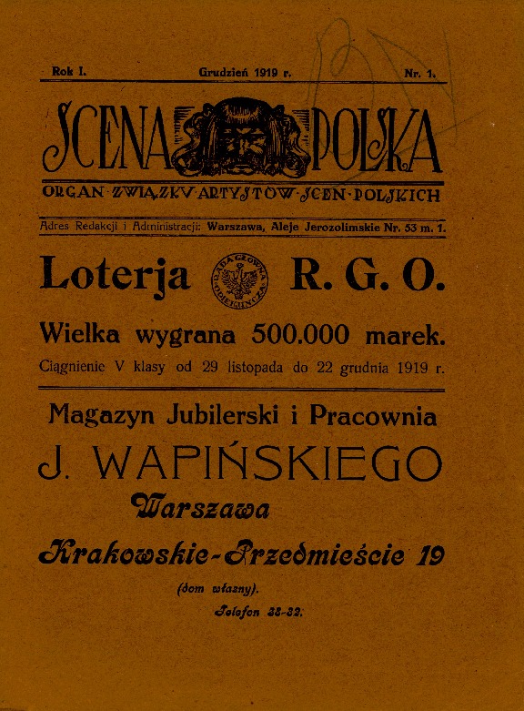 Scena Polska  : organ Związku Artystów Scen Polskich, 1919, R.1, nr 1